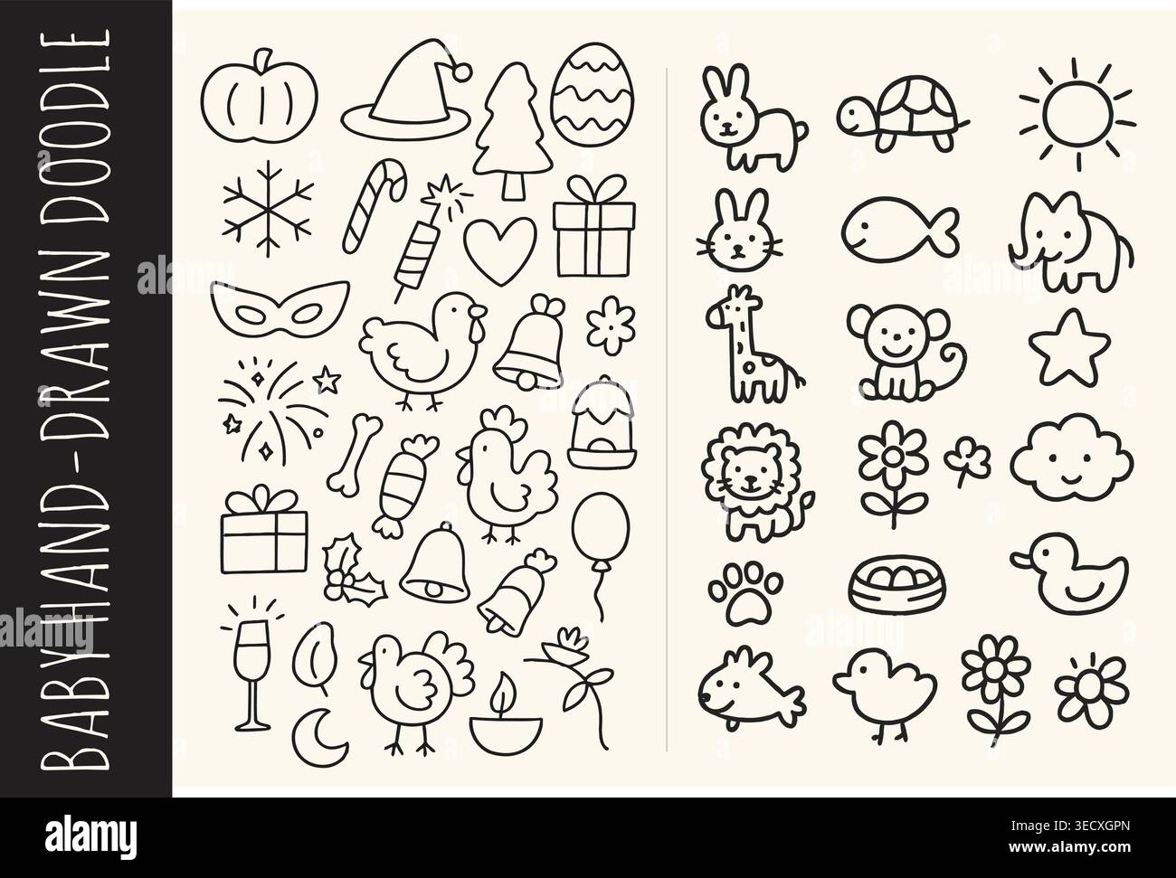 Icone del festival natalizio disegnate a mano e un simpatico pacchetto di elementi per scarabocchi animaletti Illustrazione Vettoriale