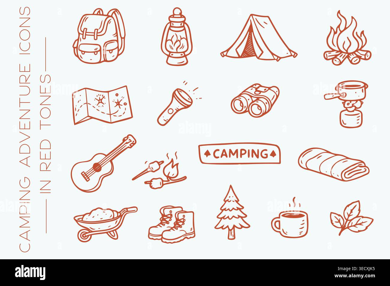 Collezione creativa di stravaganti scarabocchi da campeggio con zaino per tenda e falò Illustrazione Vettoriale