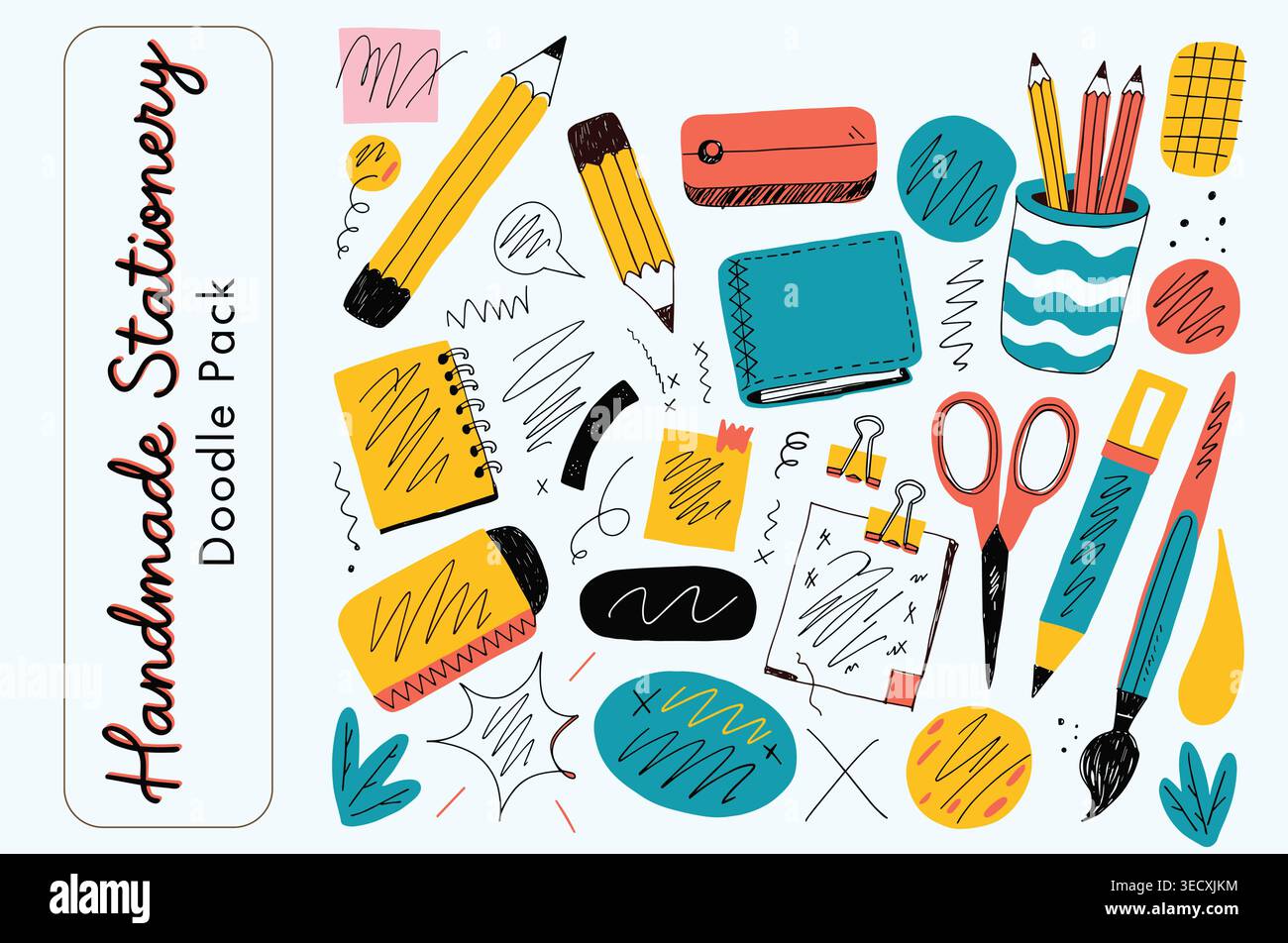 Confezione di scarabocchi per cartoleria fatta a mano con forniture per ufficio e scuola colorate Illustrazione Vettoriale