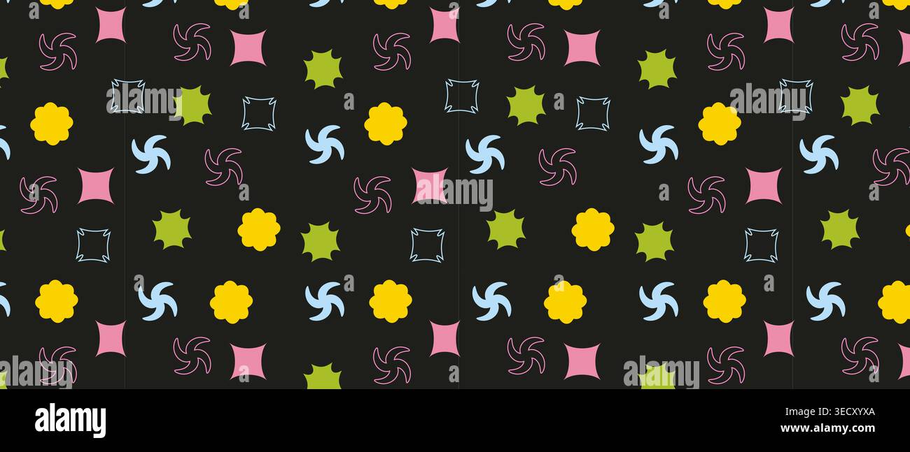 Sfondo nero con forme astratte colorate. design geometrico senza cuciture. sfondo creativo moderno per tessuti, carta da parati e stampe. Foto Stock