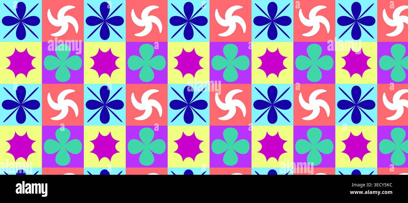 Design senza cuciture della carta da parati vintage con scoppi di sole rosa quadrifoglio color ottanio e forme a stella blu scuro su sfondi quadrati multicolori, ideale per i tessuti Foto Stock