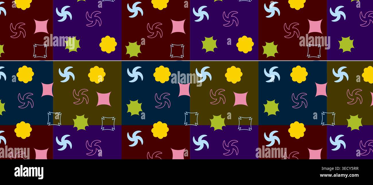 Motivo astratto con forme colorate e quadrati scuri. design geometrico moderno perfetto per tessuti, tessuti, carta da parati e arte digitale creativa. Foto Stock