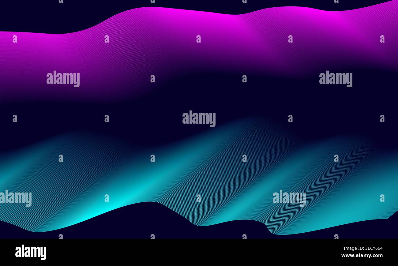 Pattern a onda digitale dinamico con curve sfumate al neon viola e ciano moderno design di sfondo astratto estetica futuristica linee morbide rhy Foto Stock