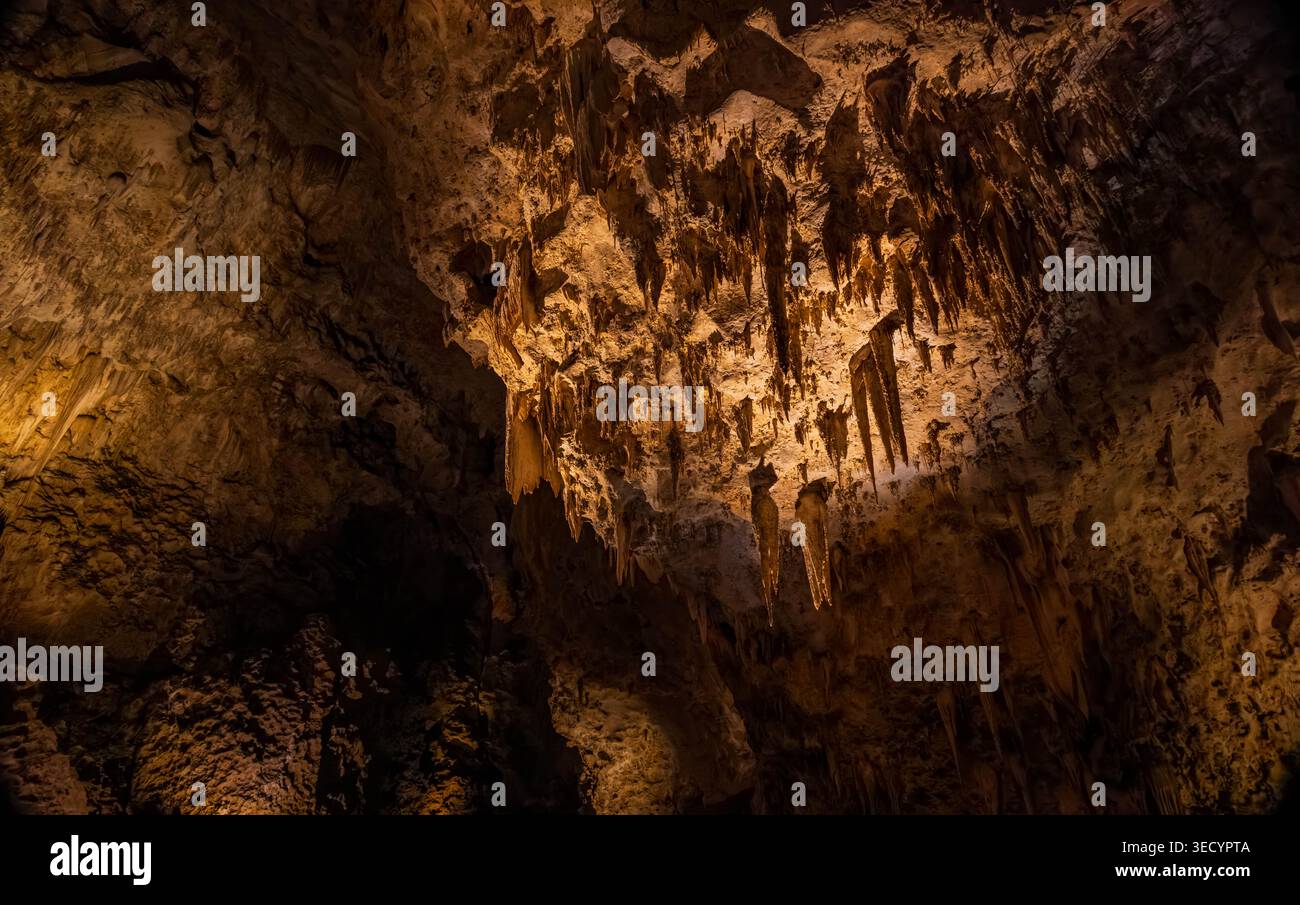 Le superfici calcaree ruvide incorniciano numerose stalattiti affilate illuminate da una luce calda in profondità all'interno della caverna scura. Foto Stock