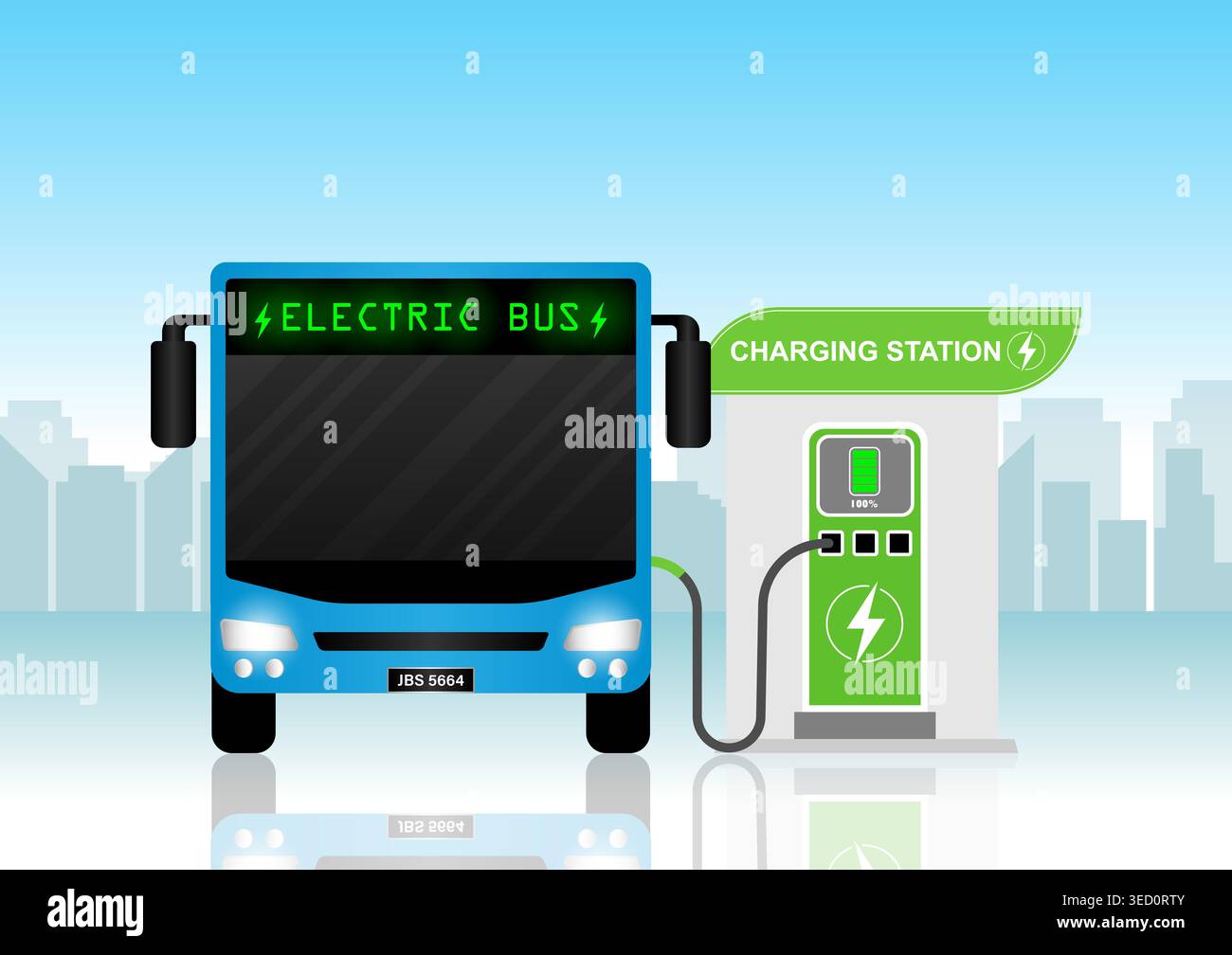 Ricarica del bus elettrico presso la stazione di ricarica. Energia ecologica o concetto ecologico. Illustrazione vettoriale. Illustrazione Vettoriale
