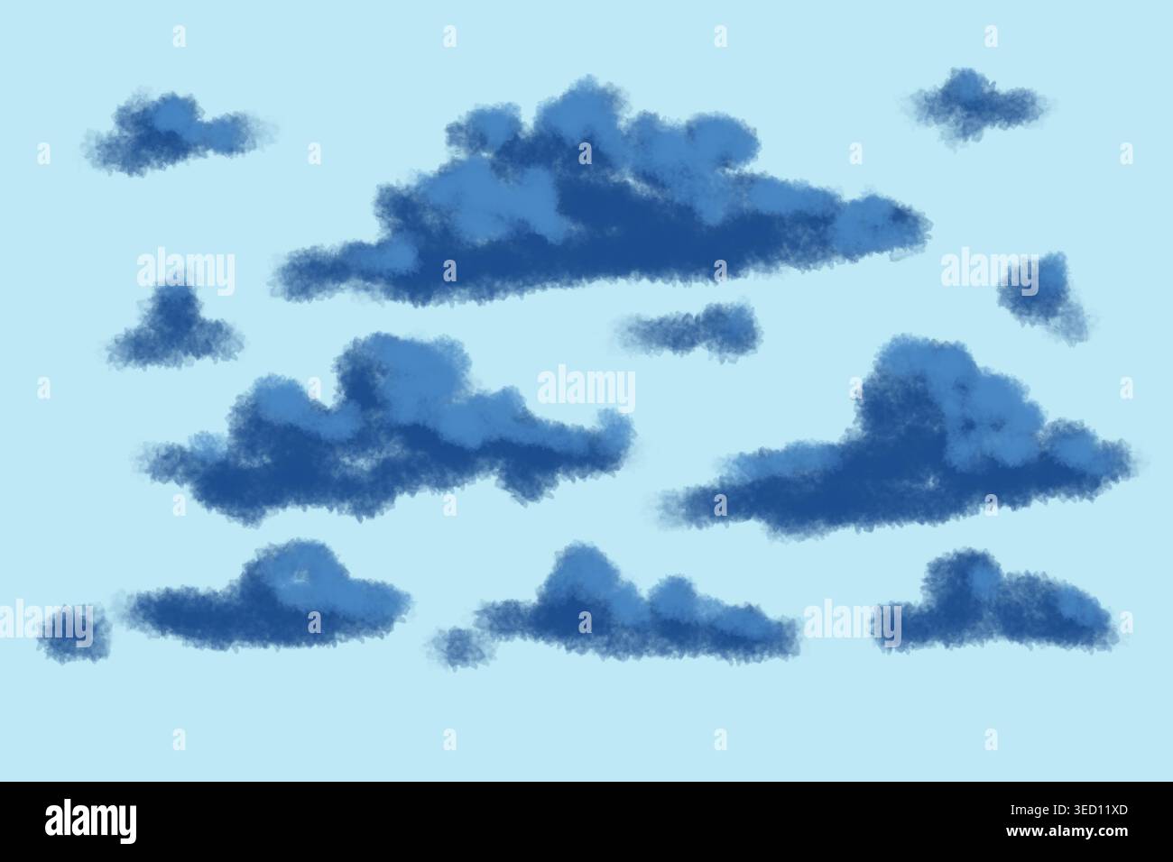 Morbide e soffici nuvole che fluttuano in un cielo azzurro. Illustrazione nuvola disegnata a mano dal design minimalista con un'atmosfera tranquilla e da sogno Foto Stock