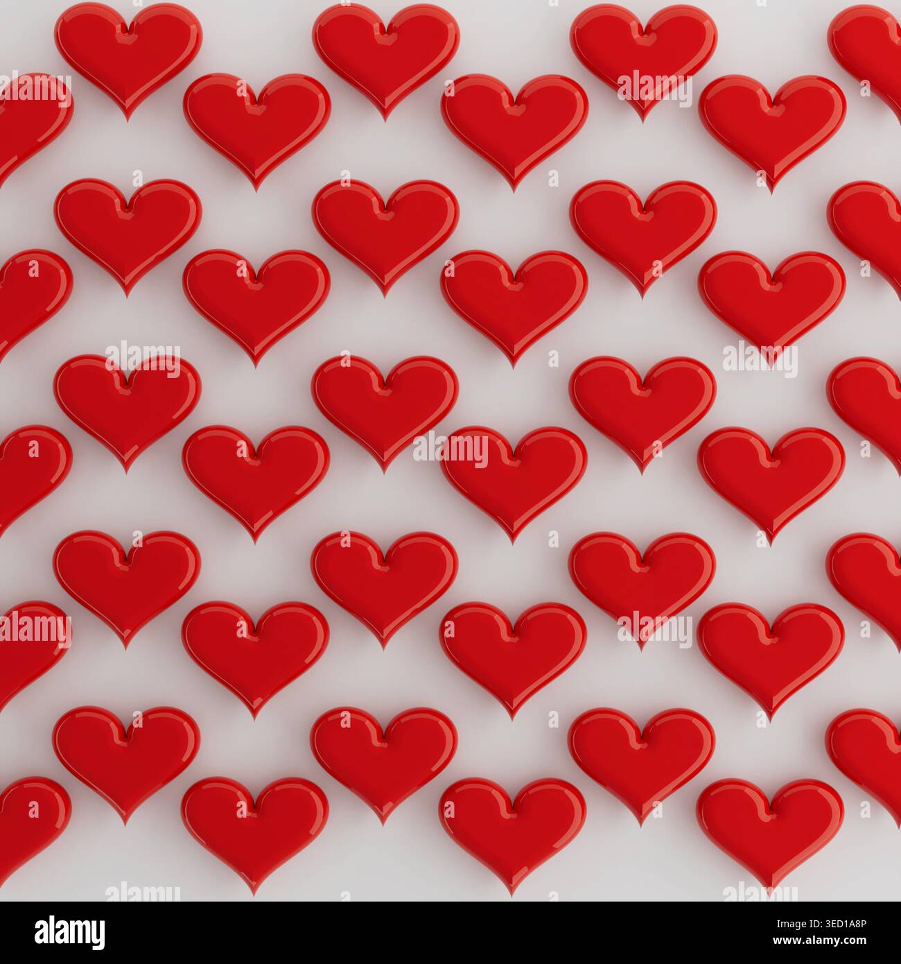 Sfondo di San Valentino con cuori a palloncino rossi lucidi come motivo su sfondo bianco. Cuori d'amore festivi. Illustrazione 3D per pubblicità, design, poster, scheda, volantino. Foto Stock