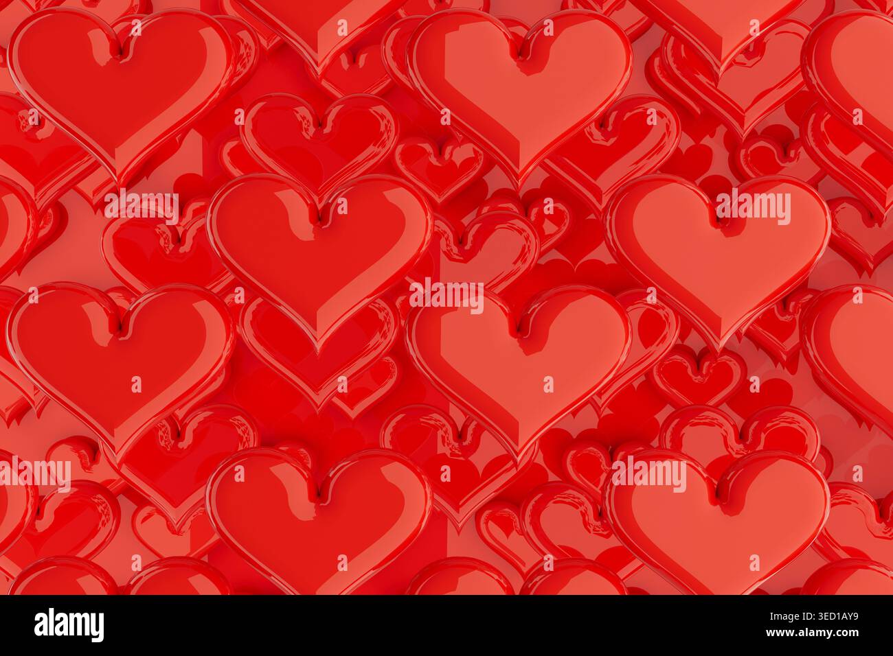 San Valentino. Cuori con palloncino rosso lucido come sfondo rosso. Adoro le nozze. Illustrazione 3D per pubblicità, design, poster, scheda, volantino. Foto Stock