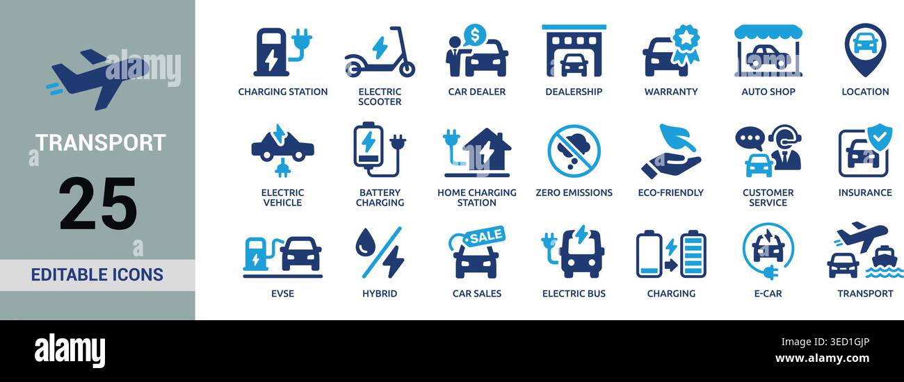Set di icone veicolo elettrico e trasporto con ricarica, mobilità EV e raccolta di vettori ecologici Illustrazione Vettoriale
