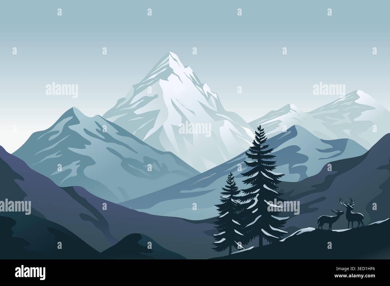 Splendida illustrazione di montagne innevate con alti pini e due cervi in piedi su una collina in primo piano, creando un tranquillo paesaggio invernale Illustrazione Vettoriale