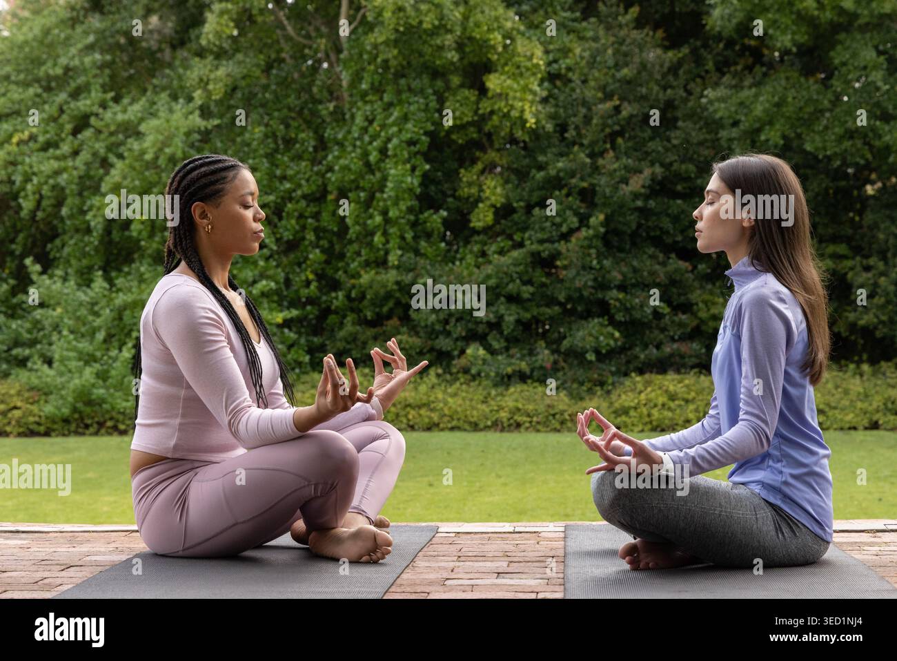 Diverse amiche in abbigliamento sportivo sedute a meditare con mudra su tappetini da yoga sul patio in mattoni Foto Stock