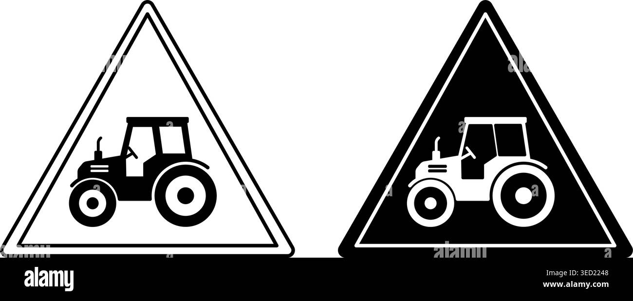 Segnali per trattori agricoli. Segnali stradali di avvertenza. Veicolo agricolo. Icone vettoriali bianche e nere Illustrazione Vettoriale