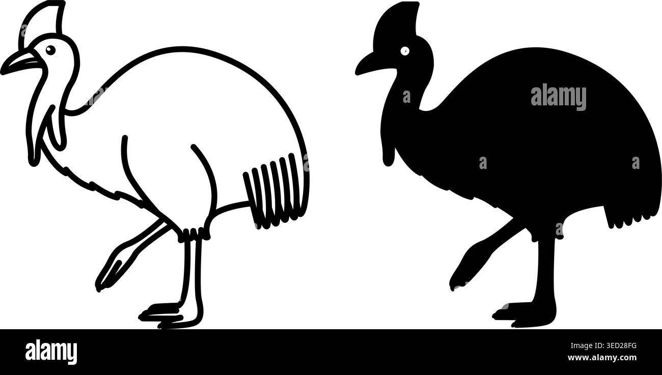 Icone cassowary. Illustrazioni vettoriali in bianco e nero. Uccello tropicale di grandi dimensioni senza volo. Cassowary con gambe lunghe, piume, becco e cresta sulla testa. Fil Illustrazione Vettoriale