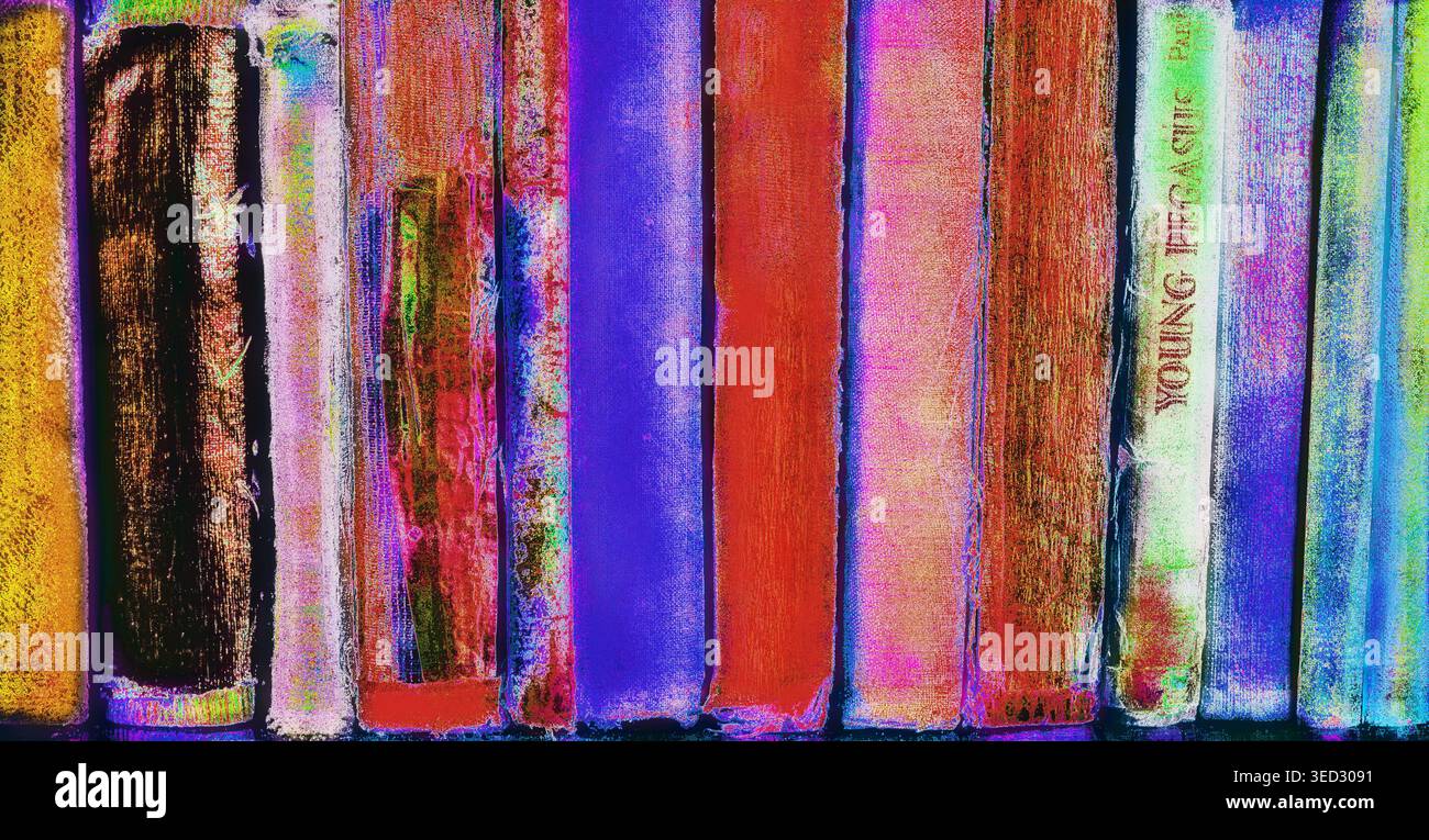 Vecchi libri su uno scaffale che mostrano segni di usura e invecchiamento Foto Stock