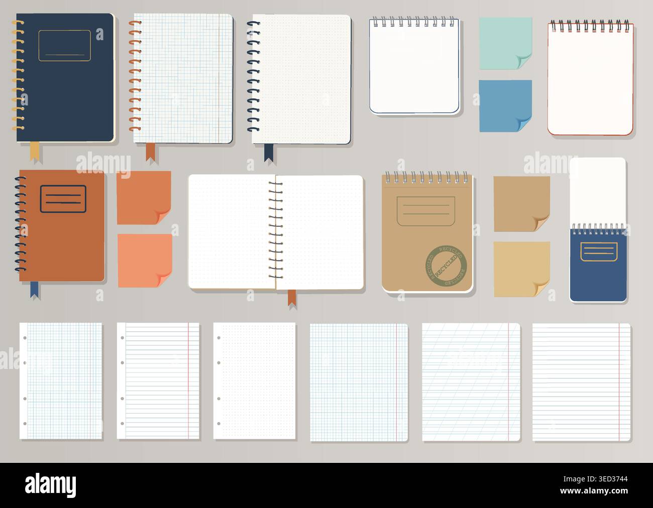 Set di cancelleria su carta Ultimate Vector Mega Collection di notebook Kraft aperti e chiusi tamponi a spirale leganti ad anelli e note adesive realistiche per il design Illustrazione Vettoriale