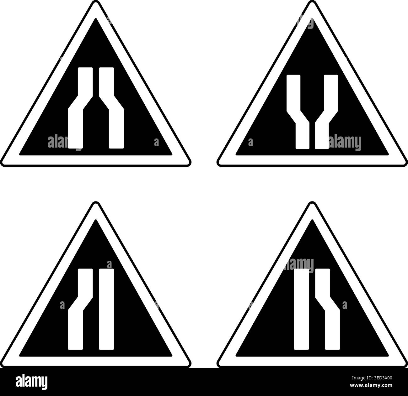 Segnali stradali neri. Icone vettoriali. Road Narrows, Road Widens, Road Narrows Left, Road Narrows Right Illustrazione Vettoriale