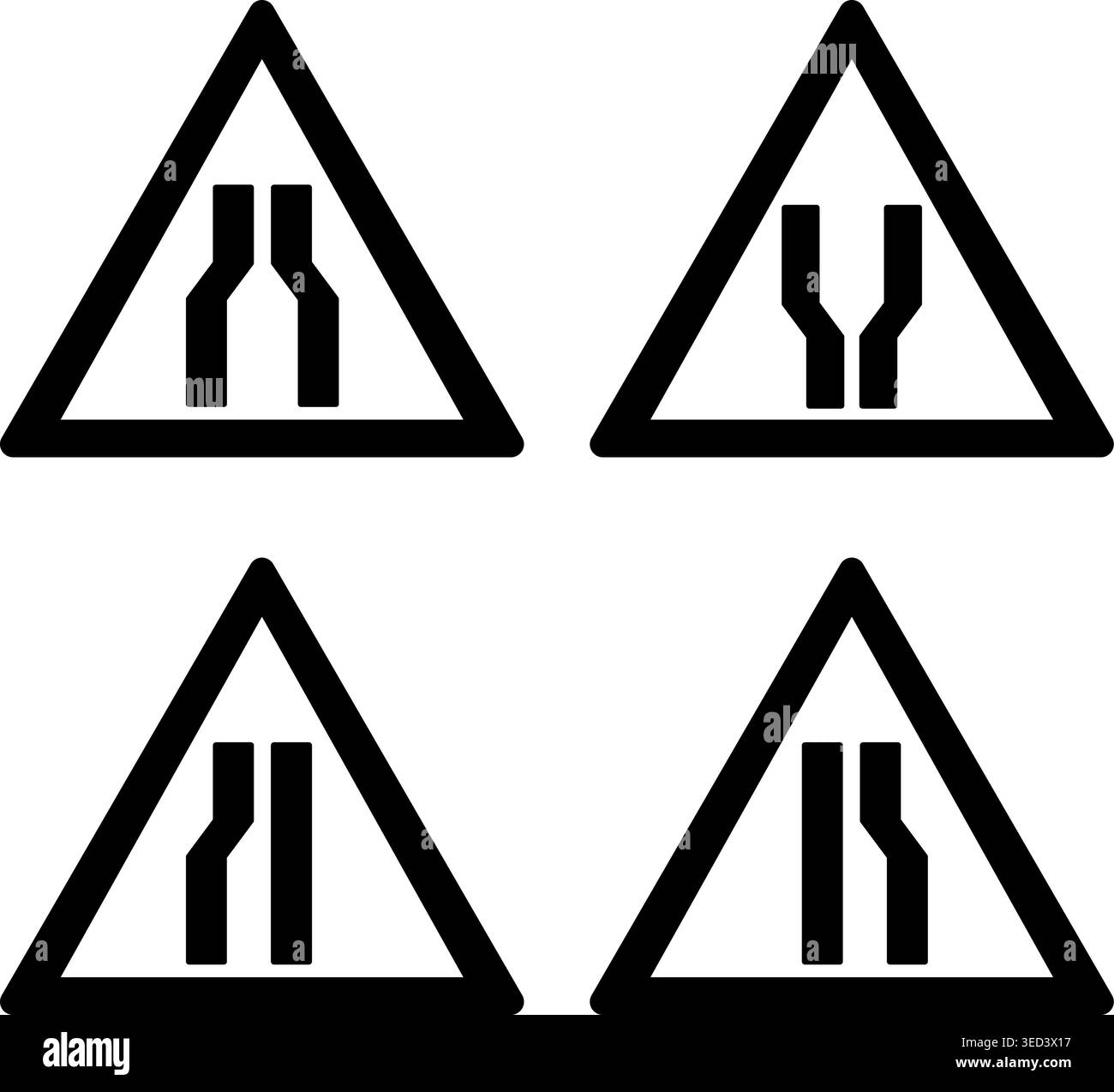 Segnali stradali. Icone vettoriali. Road Narrows, Road Widens, Road Narrows Left, Road Narrows Right Illustrazione Vettoriale