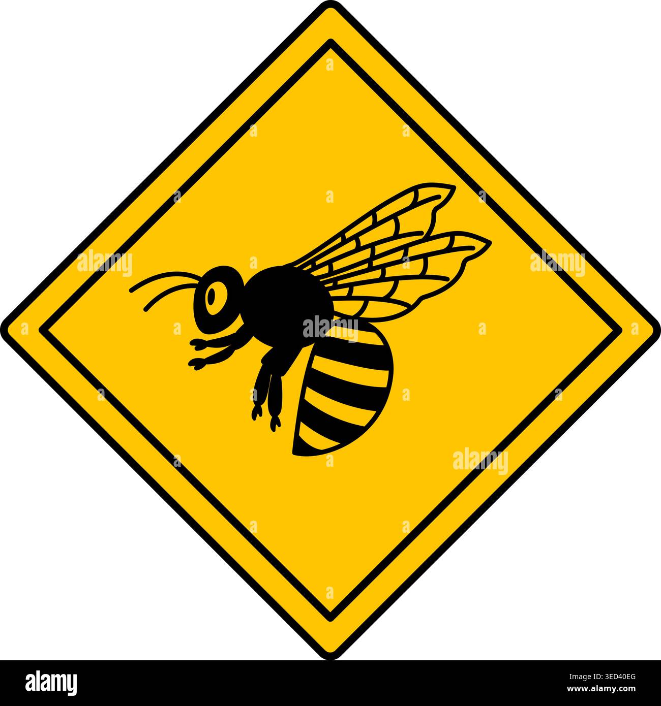 Cartello giallo Bee Road. Icona vettoriale. Insetto volante. Segnale stradale avvertenza animali attraversamento strada. Adesivo zoo Illustrazione Vettoriale