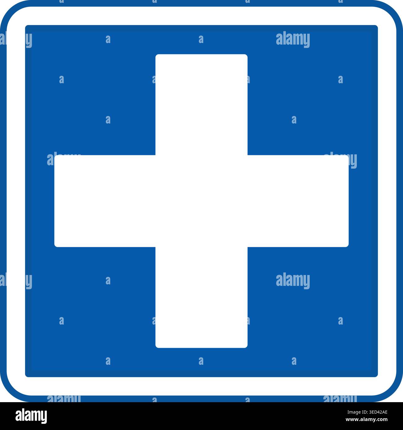 Blue Health Services Sign. Illustrazione vettoriale. Segno più mostra dove ottenere assistenza medica. Cartello reparto ospedale, cartello stradale Illustrazione Vettoriale