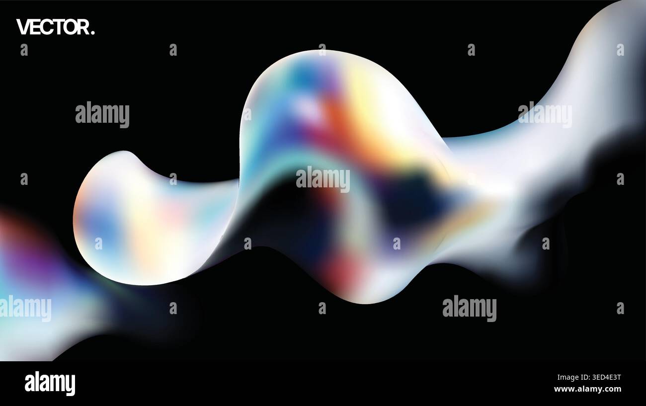 Un'onda futuristica e futuristica e iridescente di Fluid Gradient Abstract su sfondo nero Illustrazione Vettoriale