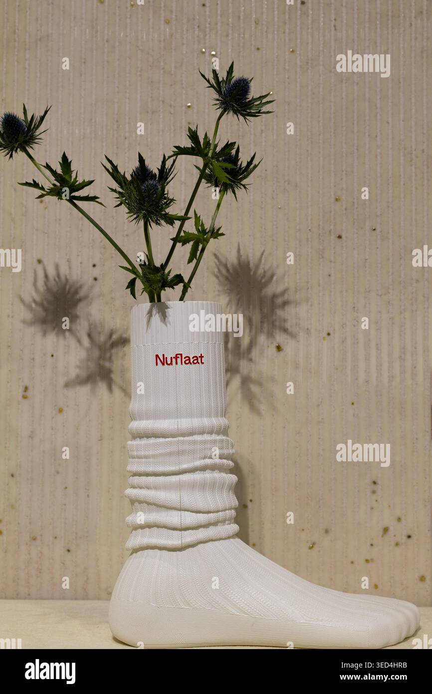 Seoul, Corea del Sud - 01/05/2026: Calzino creativo utilizzato come vaso con fiori concetto minimale Foto Stock