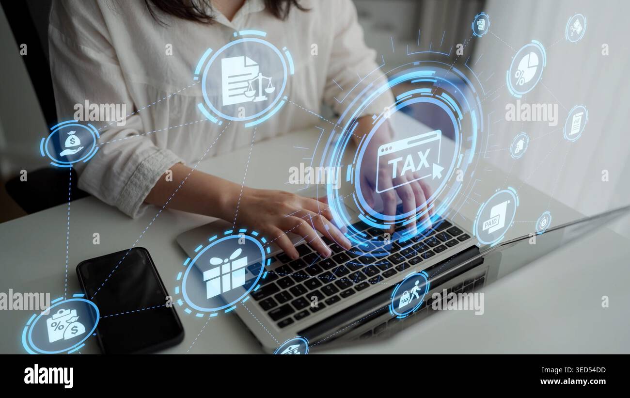Il concetto di gestione fiscale e finanziaria garantisce la conformità. Questo sistema snellisce i processi fiscali, migliorando la gestione finanziaria per i singoli individui e. Foto Stock