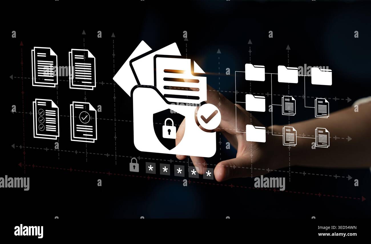 Rappresentazione visiva di una mano che interagisce con icone e file di sicurezza digitale, evidenziando l'importanza della protezione dei dati e della sicurezza Foto Stock