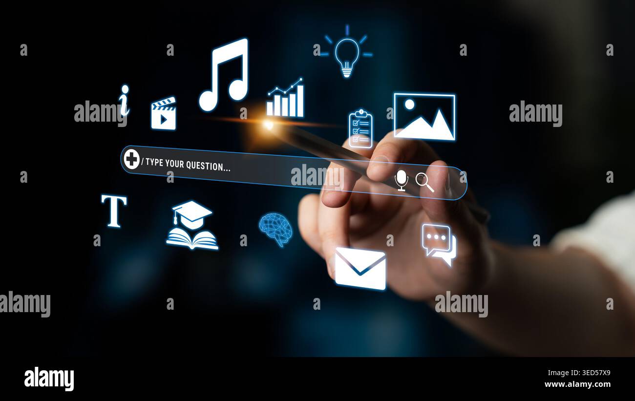 Interazione manuale con l'interfaccia digitale con varie icone che rappresentano la comunicazione, l'istruzione, la tecnologia e i servizi informativi Quark. Foto Stock