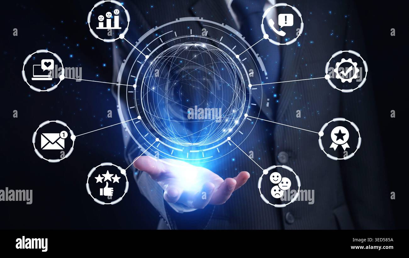 Analisi dell'esperienza del cliente, miglioramento della soddisfazione del cliente, valutazione dei dati di feedback, miglioramento della qualità del servizio e reputazione aziendale Foto Stock