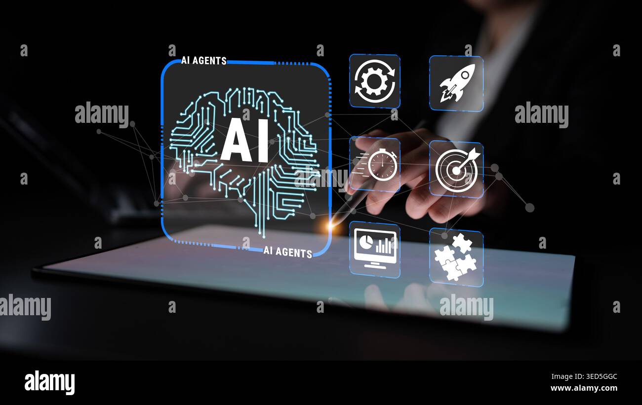 Concetto futuristico con intelligenza artificiale, interfaccia digitale e rappresentazioni di Business Analytics per tecnologia e innovazione in Modern Workspace Quark. Foto Stock