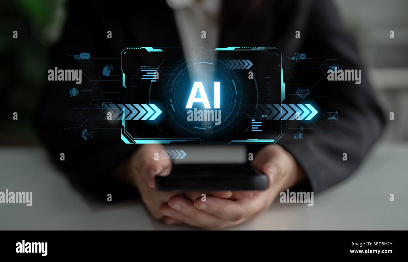 Concetto di tecnologia avanzata di intelligenza artificiale. Un futuristico display heads-up mostra i dati di elaborazione del sistema principale, che rappresentano la macchina Foto Stock