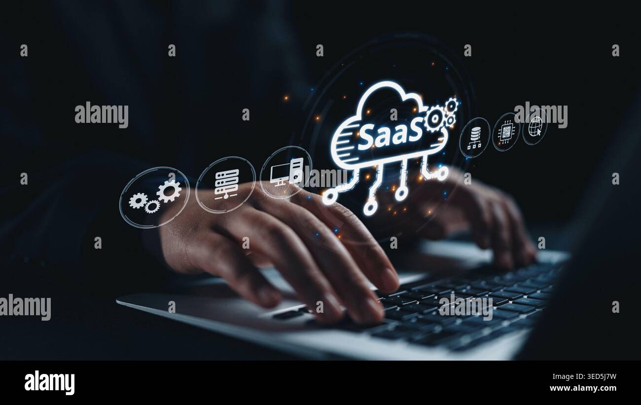Rappresentazione visiva di SaaS che mostra l'infrastruttura, la distribuzione SaaS, le funzionalità della piattaforma SaaS e il modello di integrazione SaaS in ambiente digitale Foto Stock