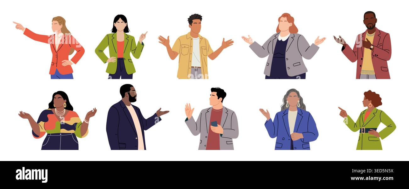 Gruppo di persone diverse con gesti attivi Illustrazione Vettoriale