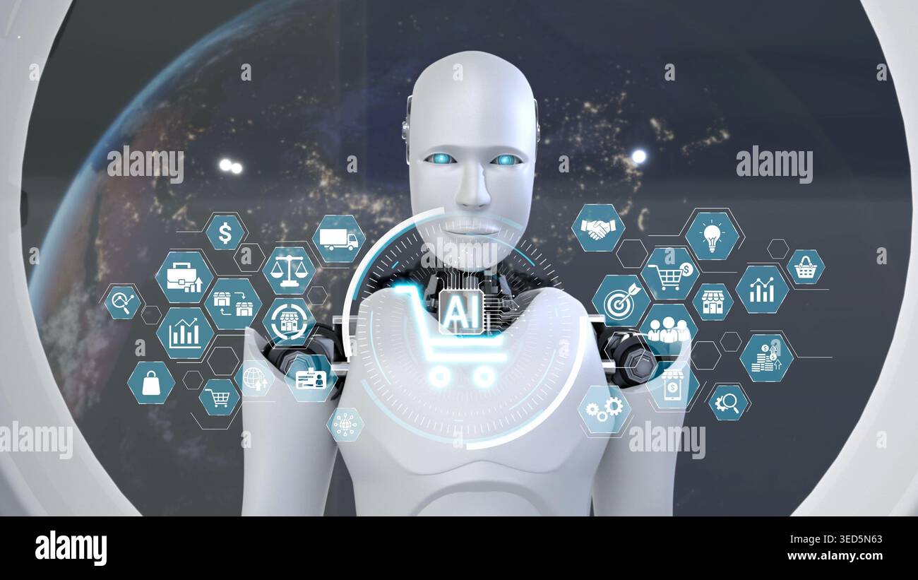 Un robot futuristico si trova davanti a un'interfaccia digitale che visualizza le icone e i dati dell'e-commerce. Questa immagine rappresenta l'intersezione tra tecnologia e. Foto Stock
