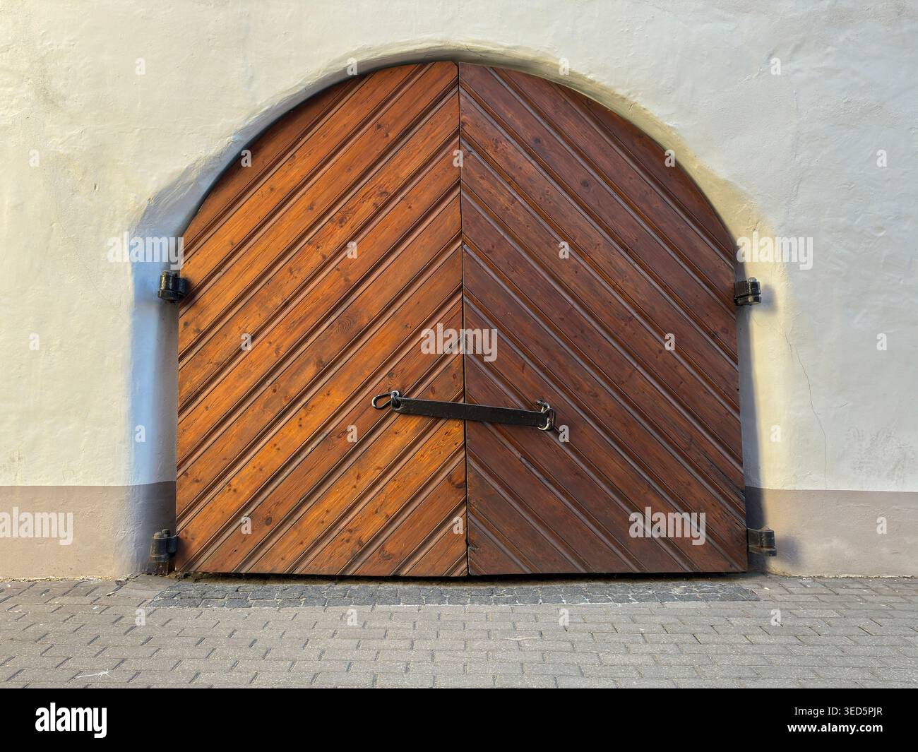 Storico cancello ad arco in legno nella vecchia parete intonacata - adatto a temi di architettura storica, design dell'ingresso, patrimonio culturale, artigianato tradizionale - Immagine stock catturata con smartphone