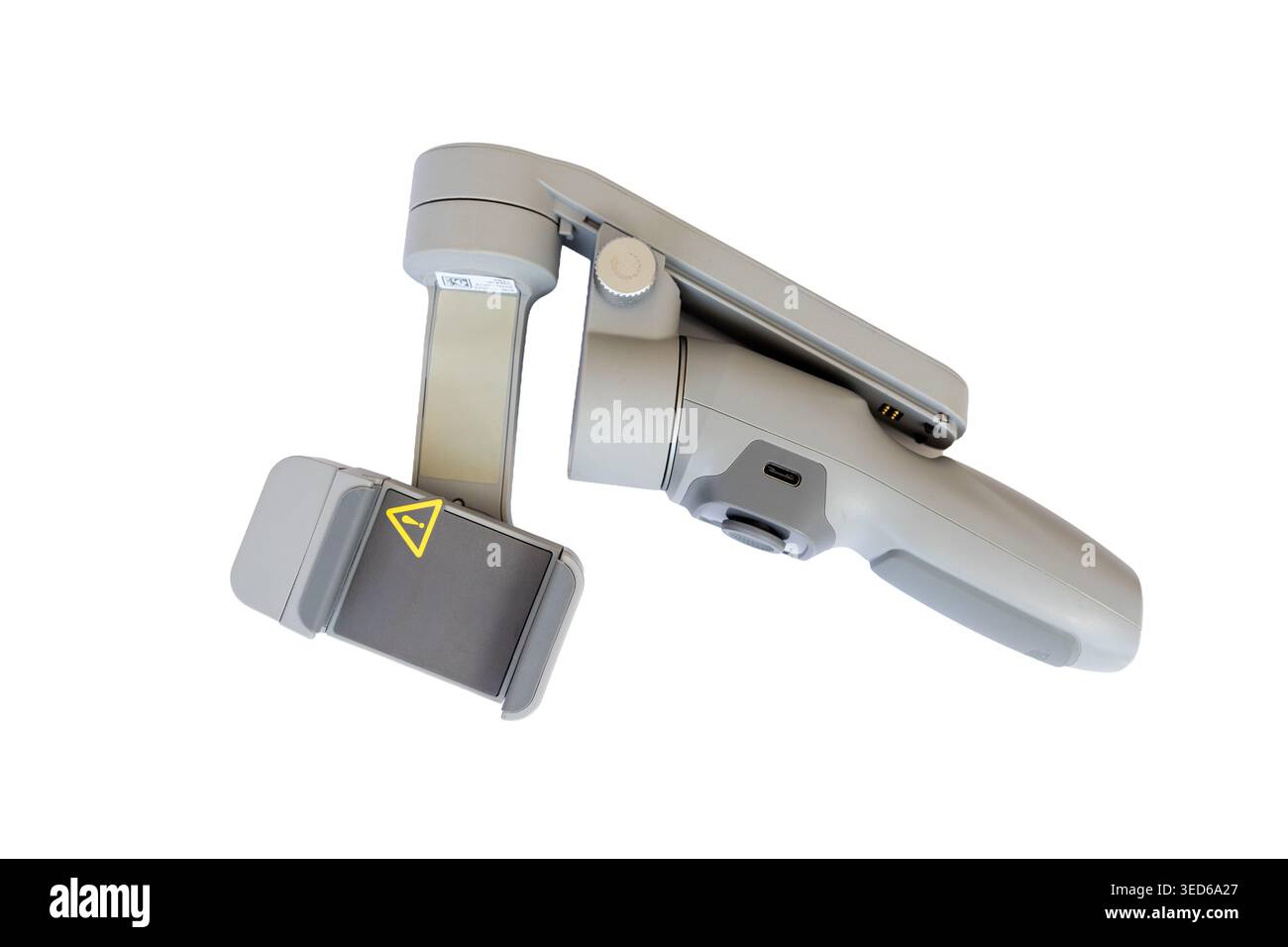 Leggero sistema Gimbal per telefono per una registrazione video fluida su sfondo bianco Foto Stock