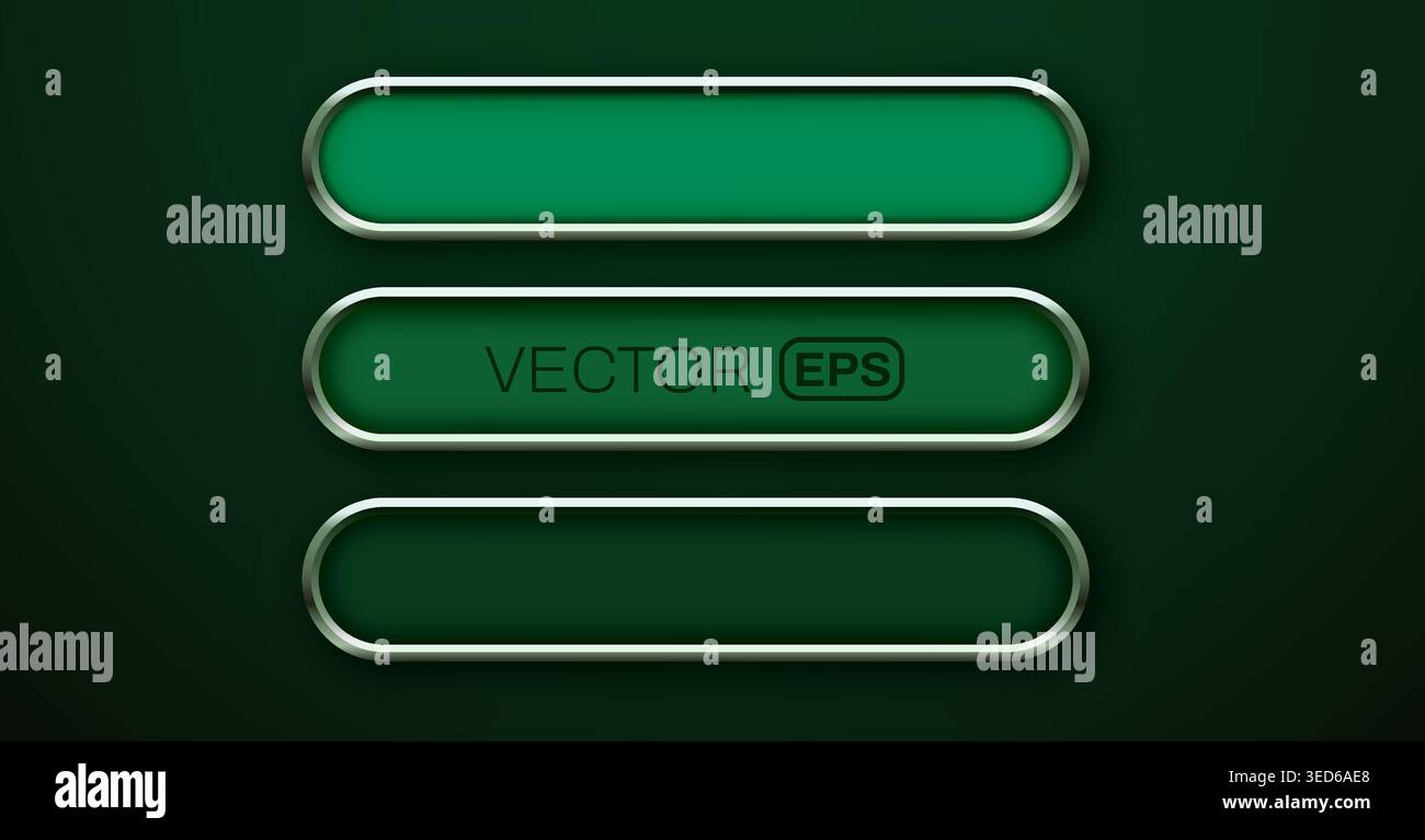 Set di moderni pulsanti verdi metallizzati lucidi per l'interfaccia utente. Elegante design per la navigazione Web. Illustrazione vettoriale Illustrazione Vettoriale