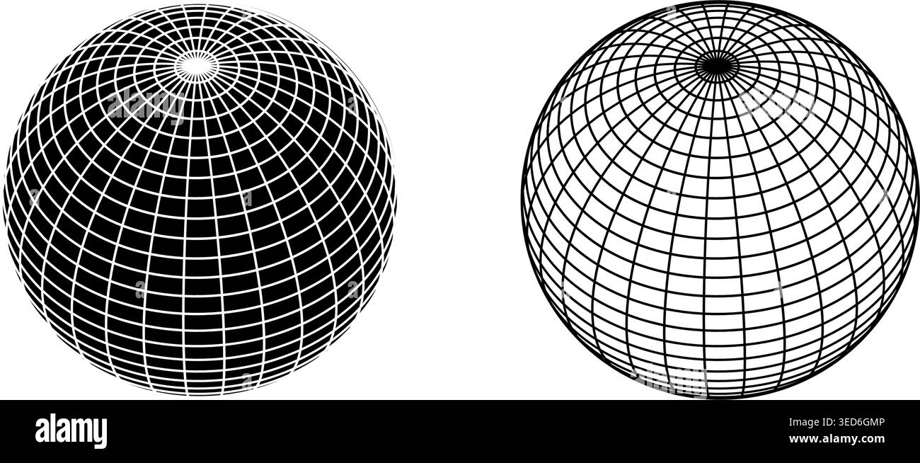 Figure a globo in bianco e nero con strutture a reticolo. Forme sferiche, sfere a rete isolate su sfondo bianco. Sfere terrestri con longitudine e. Illustrazione Vettoriale