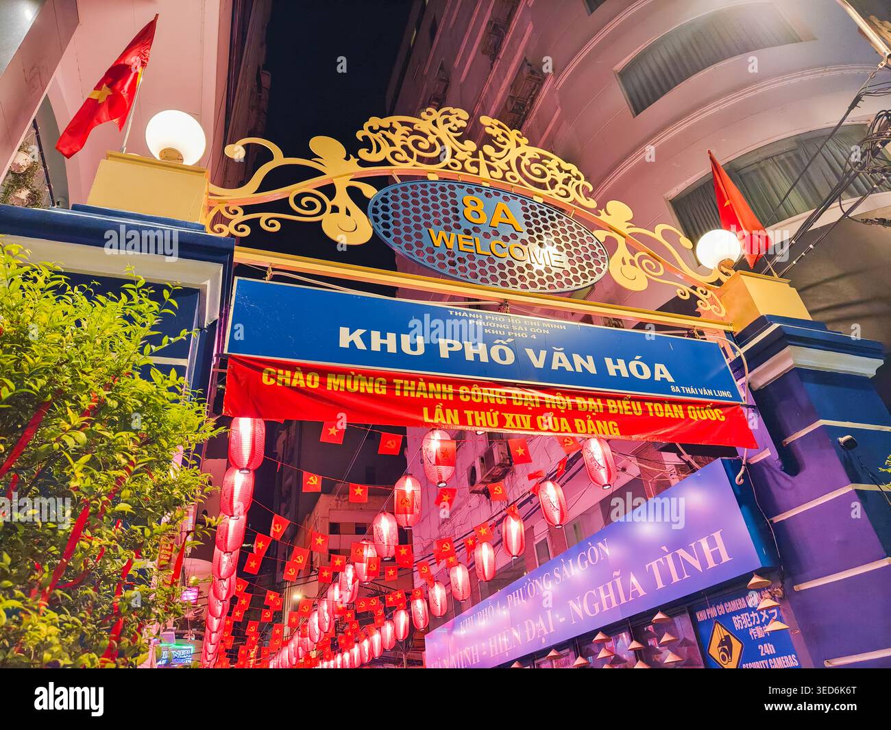 Ingresso ad una 'area residenziale culturale' nella citta' di ho chi Minh, decorata con decorazioni per un evento nazionale. Vietnam Foto Stock