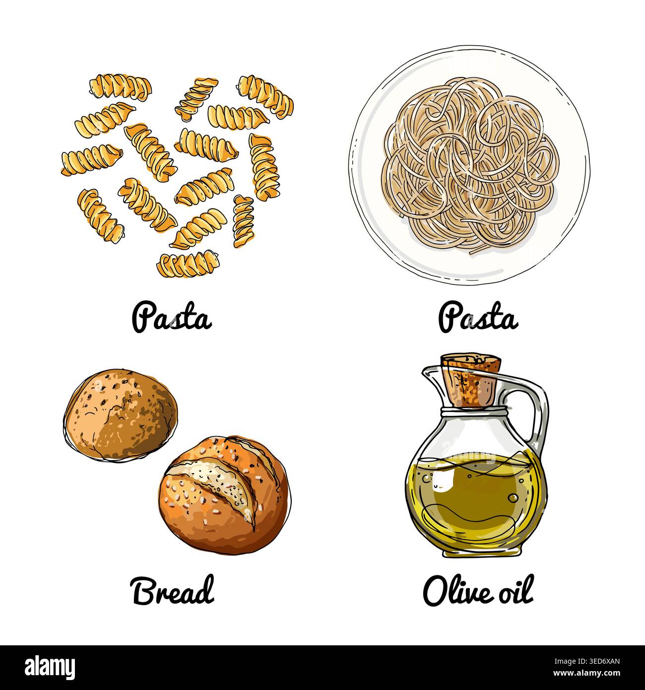 Icone di cibo vettoriale. Schizzo colorato di prodotti alimentari. Pasta, pane Illustrazione Vettoriale