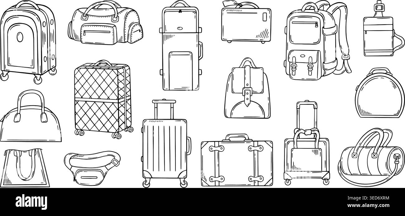 Borse da viaggio Doodle. Zaino, borsa, valigie grandi e piccole. Borsa per turismo, tempo libero, viaggi di lavoro in aereo, autobus, auto o treno, vettore neoterico Illustrazione Vettoriale