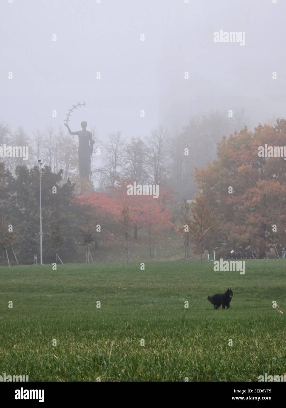 Un'alta statua emerge dalla nebbia mattutina sopra un parco con alberi autunnali e un cane che corre a Vilnius, Lituania - Immagine stock catturata con smartphone