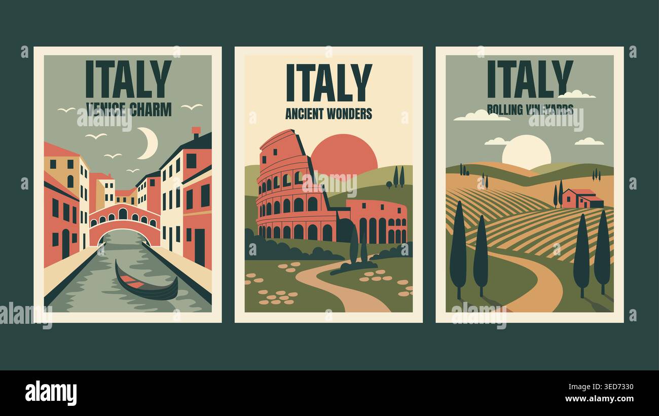 Set di poster da viaggio vintage in Italia in stile minimal retrò. Umore nostalgico Illustrazione Vettoriale