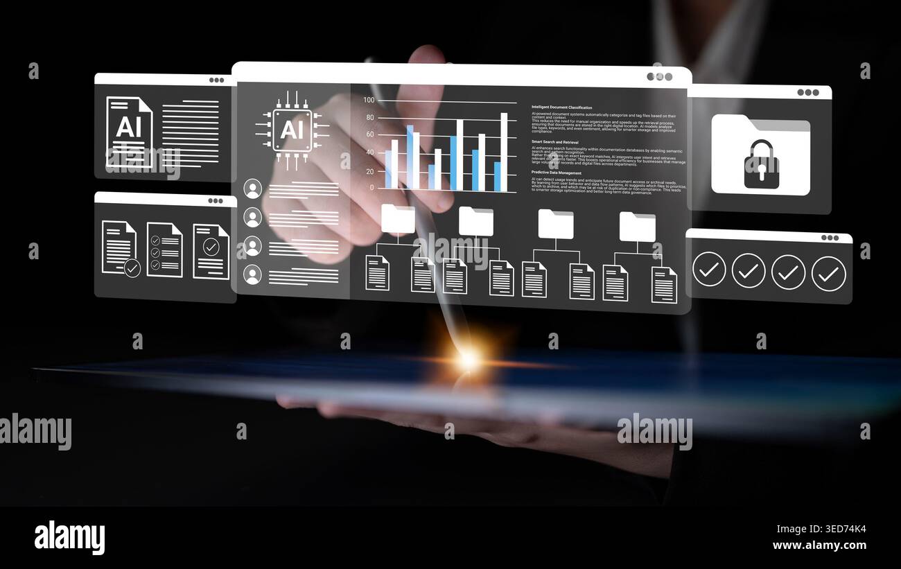 Una persona presenta un tablet digitale che mostra grafica fluttuante relativa a dati, intelligenza artificiale, sicurezza e tecnologia, sottolineando le moderne informazioni digitali e. Foto Stock