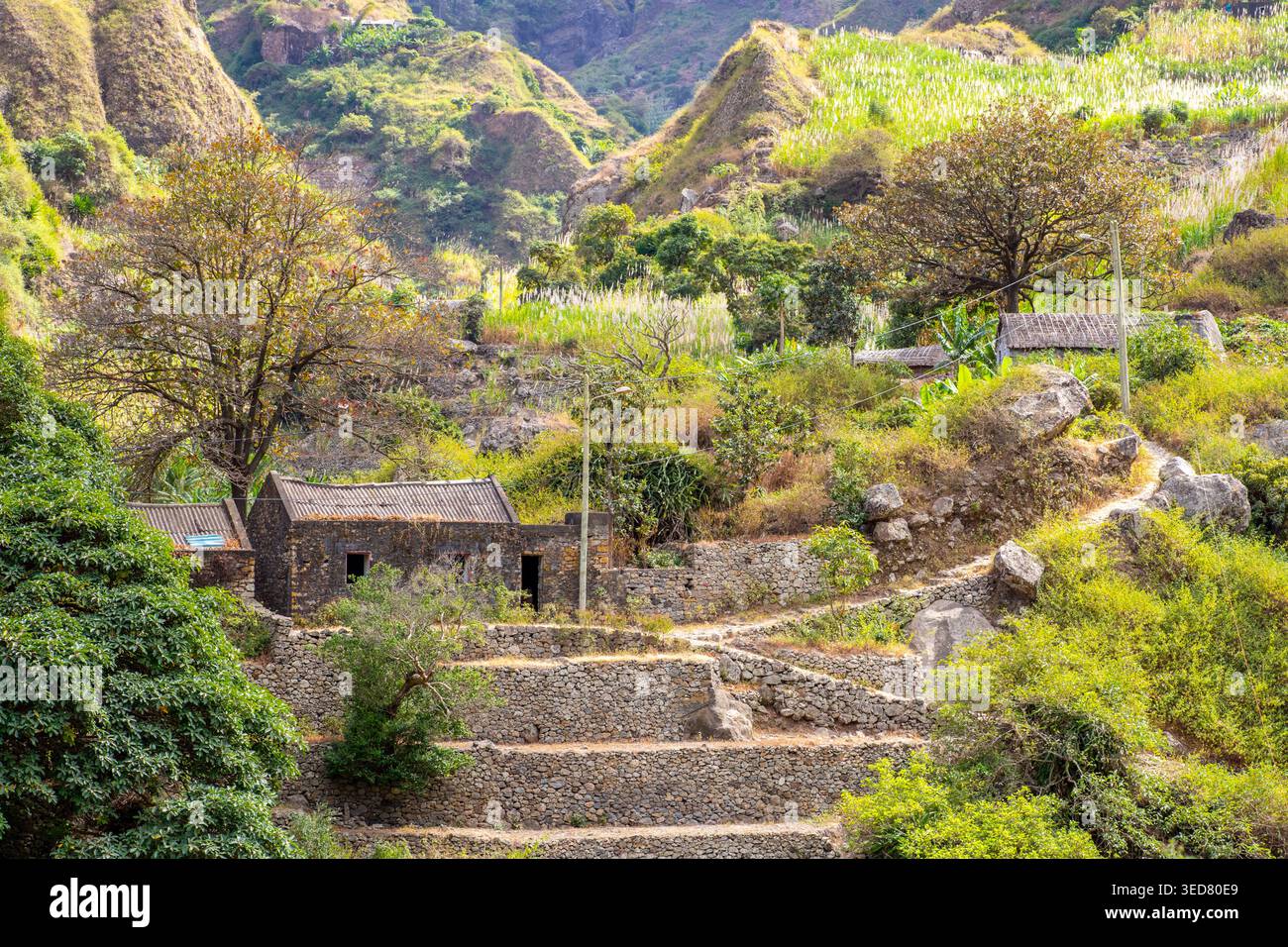 Capo Verde, Santo Antão, valle di Paul (vale do Paúl), case in pietra Foto Stock