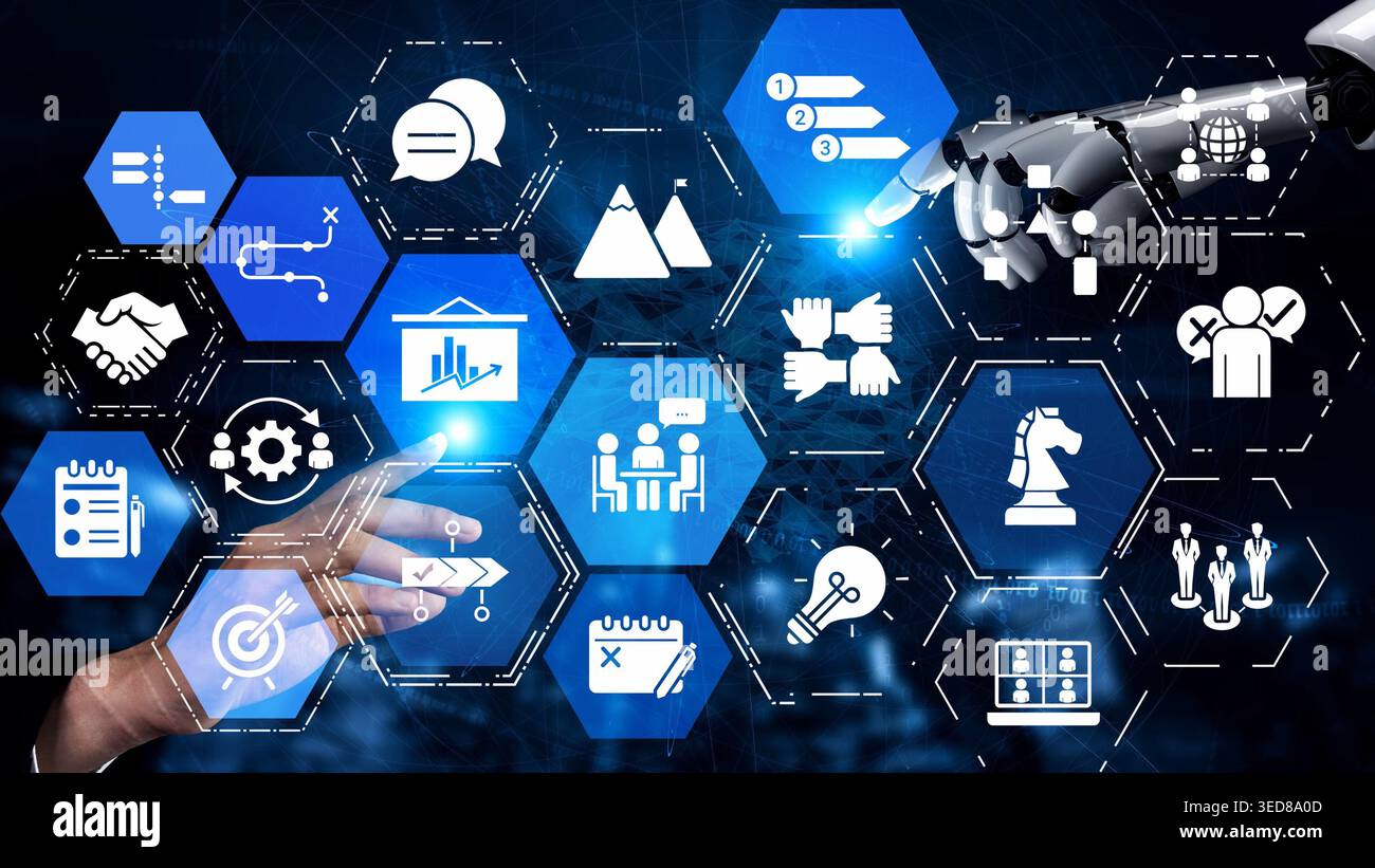 Icone di pianificazione dei progetti che mostrano la gestione aziendale, il lavoro di squadra, la pianificazione, la pianificazione strategica, lo sviluppo dei progetti, organizzazione e definizione degli obiettivi con Foto Stock