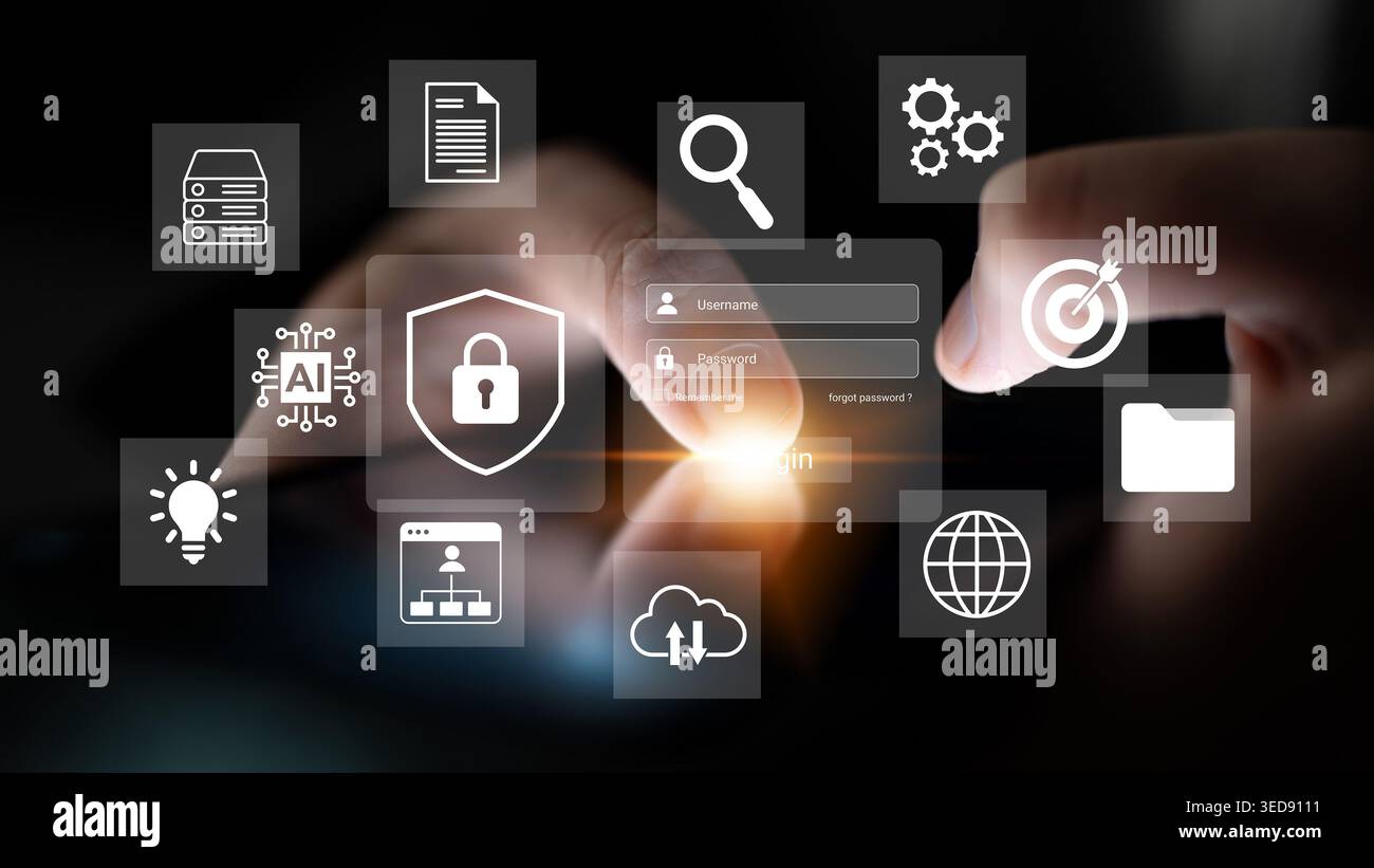 Un primo piano di mani che interagisce con un'interfaccia digitale con varie icone che rappresentano tecnologia, sicurezza e gestione dei dati al buio Foto Stock
