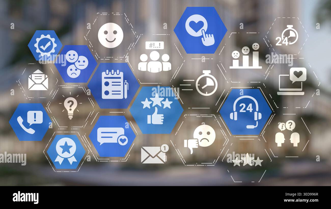 Analisi dell'esperienza del cliente, miglioramento della soddisfazione del cliente, valutazione dei dati di feedback, miglioramento della qualità del servizio e reputazione aziendale Foto Stock
