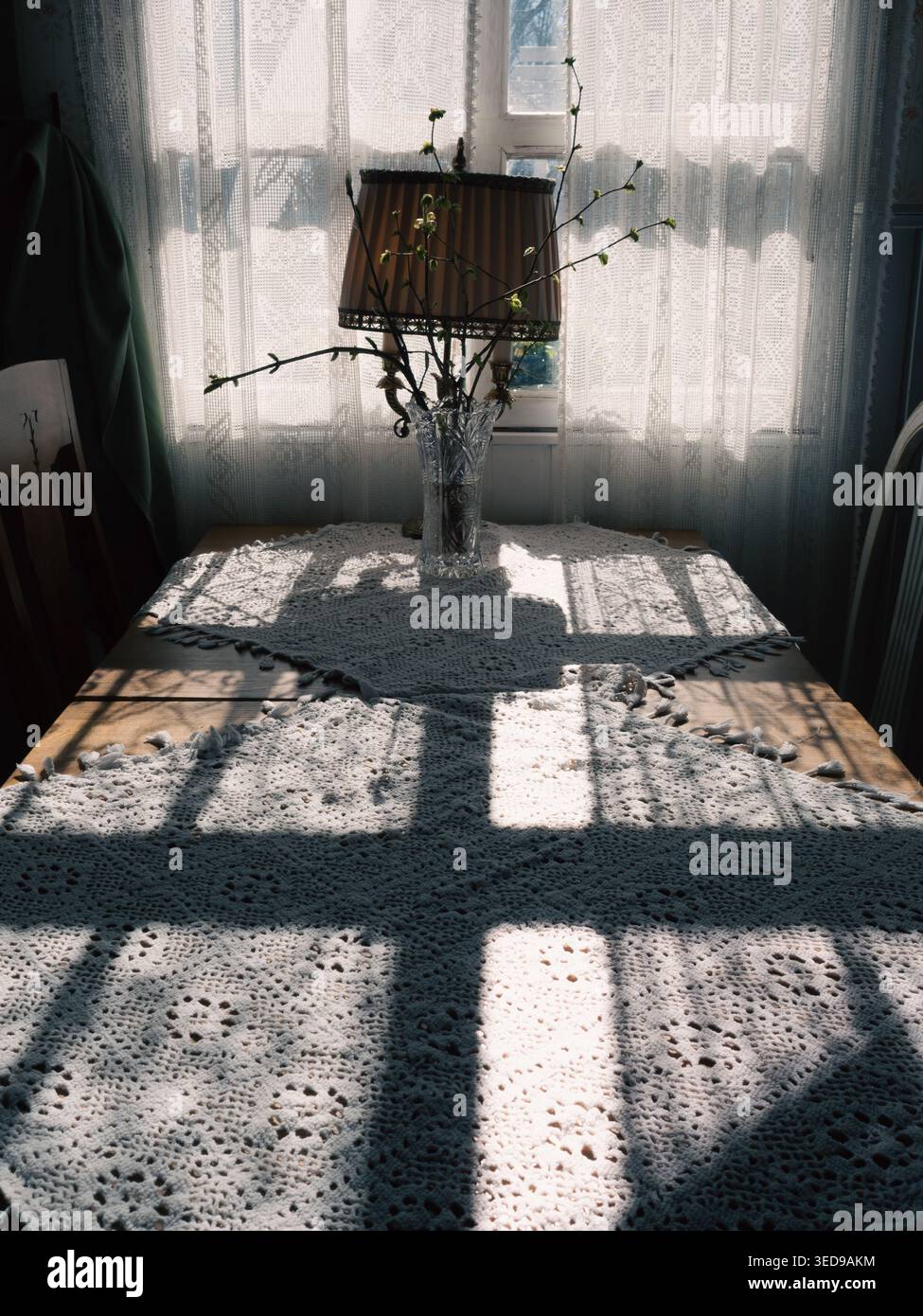 La luce del sole proietta le ombre della finestra su una tovaglia di pizzo con rami in erba in un vaso al caffè Ott e Matilda, Estonia Foto Stock