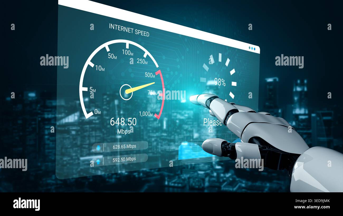 Una mano robot si allontana per interagire con un monitor della velocità Internet, mostrando velocità di trasferimento dati impressionanti in un futuristico scenario urbano per una tecnologia Foto Stock